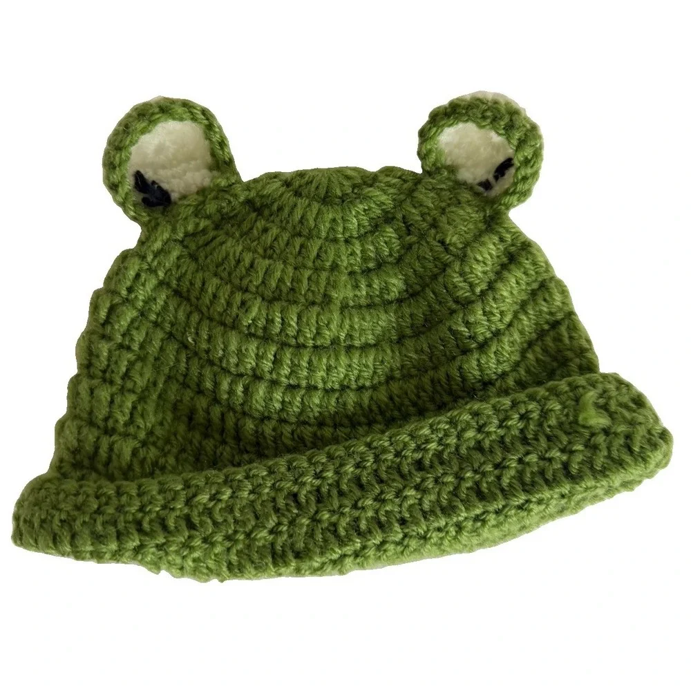 Handmade Crochet Frog Beanie Hat Green 3D Eyes Kawaii Costume Photo Prop